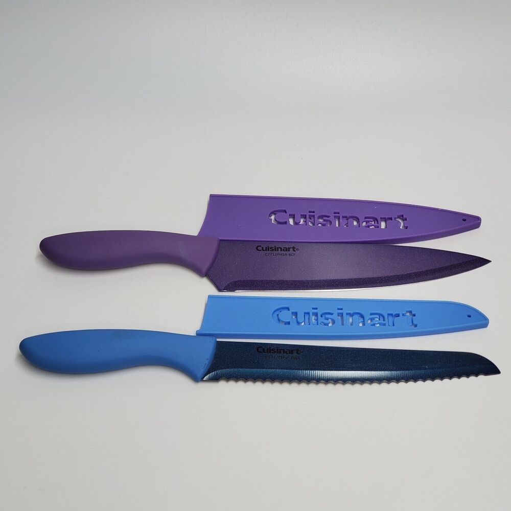 Cuisinart 2pc Knife Set Purple 8in Slicing Blue 7.5in Serrated with Guards